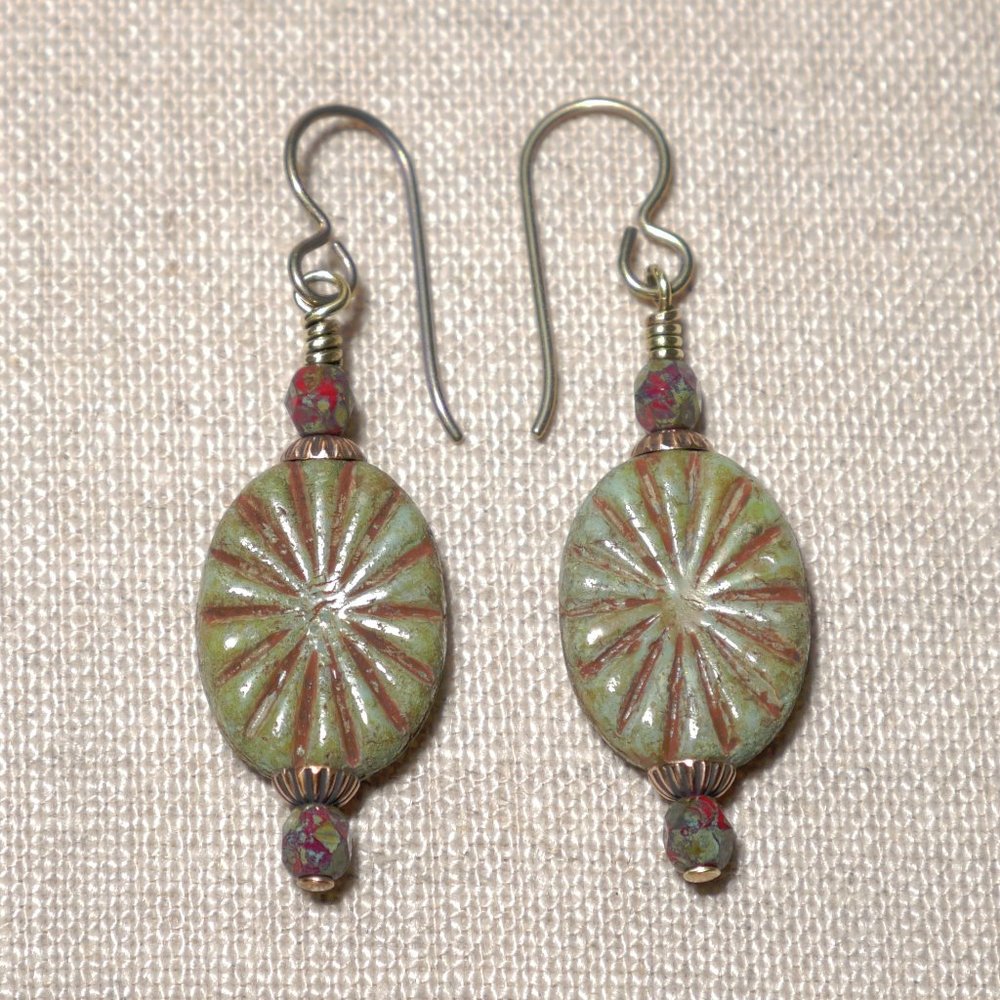 Hand Crafted Handmade Earrings Olive & Rust Oval Czech Beaded Earrings